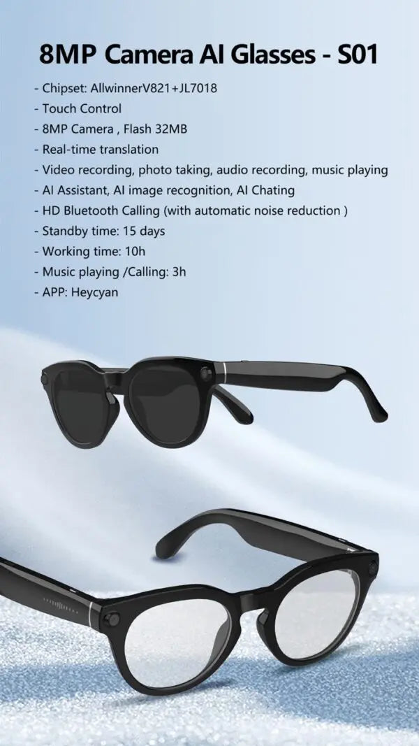 AI Smart Camera Glasses with ChatGPT, 8MP Camera Glasses, Bluetooth, Flash 2GB, Support Real-Time Translation with AI Assistant, AI Recognize Objects, Black/Transparent Lenses, Multifunctional Audio Eyewear for Women Men Danny's Store