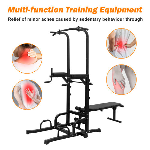 Compact power tower gym machine for push-ups, dips, pull-ups, and core workouts.