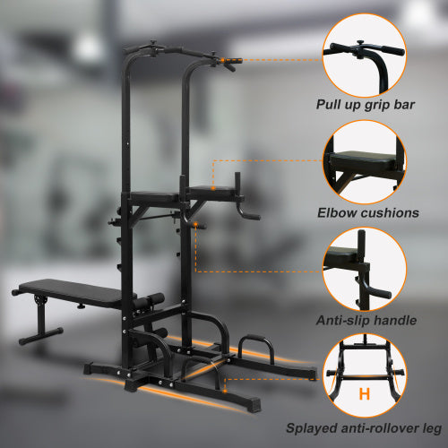 Adjustable fitness dip station and pull-up stand for strength training.