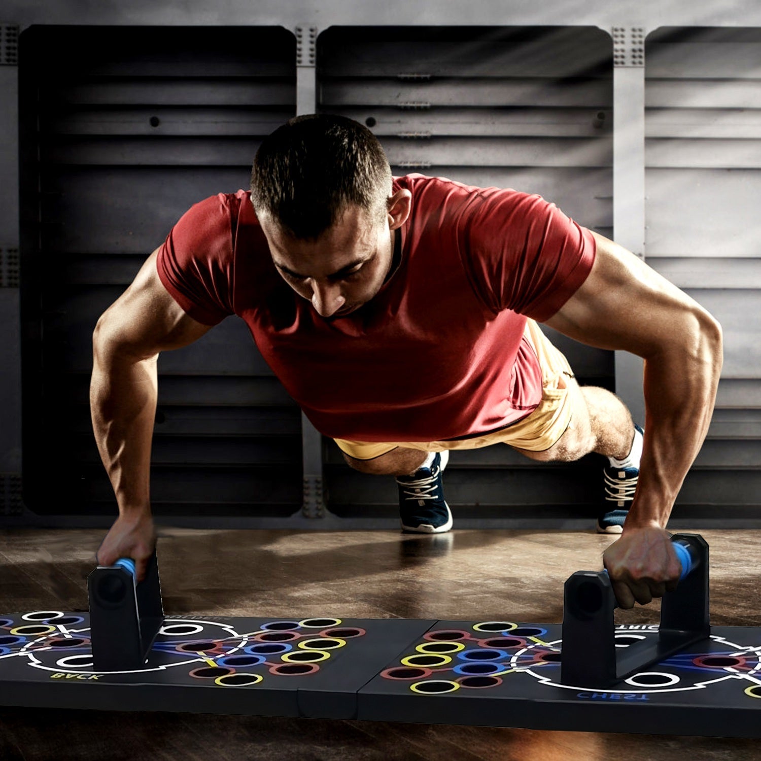 Portable push up board gym set for strength training at home.