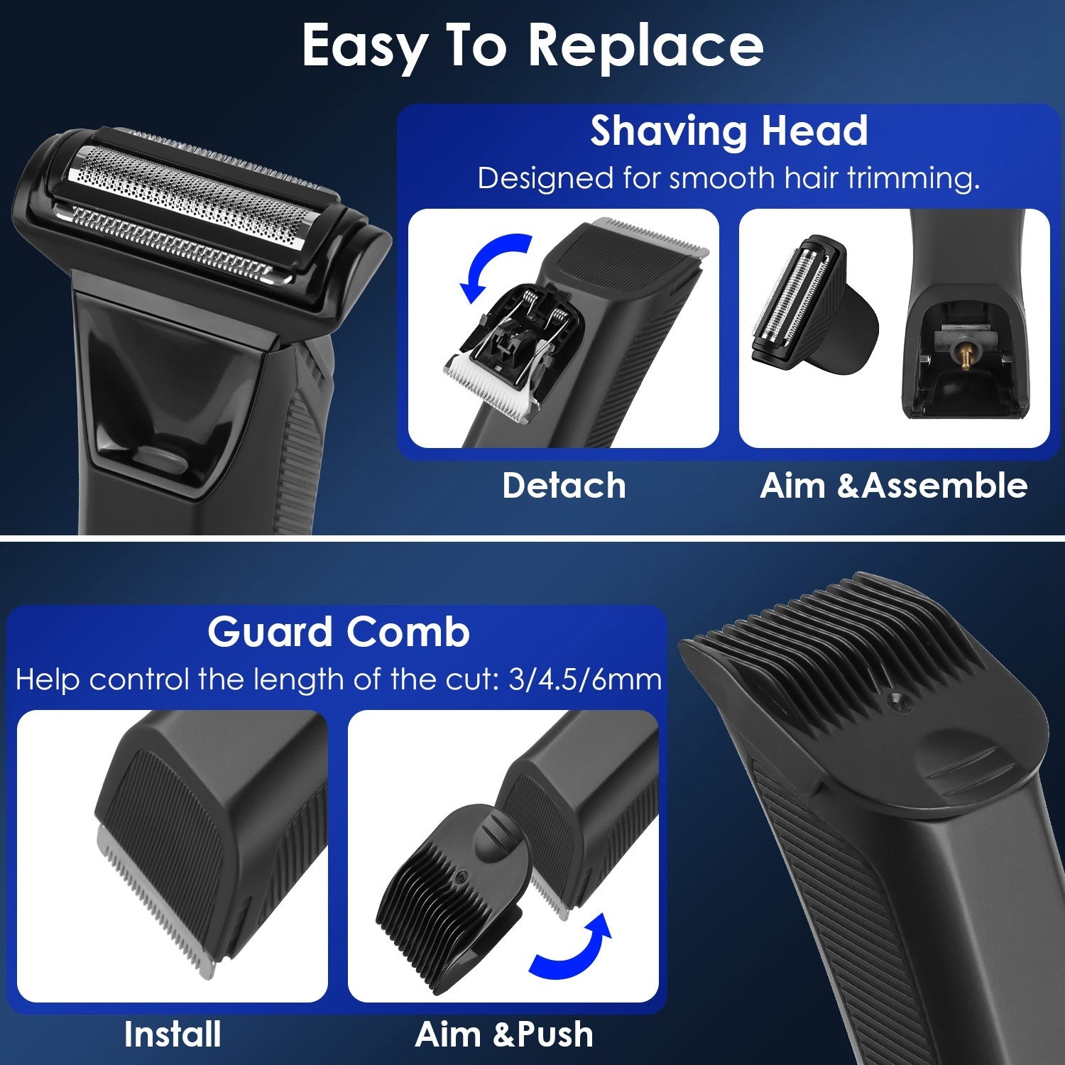 1Pc 2 In 1 Electric Body Trimmer For Men Cordless Beard Groin Ball Pubic Hair Shaver IPX7 Waterproof Razor With LED Light LCD Display Guard Comb Shaving Head Danny's Store