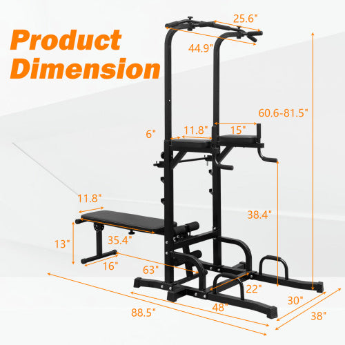 Home gym dip station with pull-up bar and leg raise functionality.