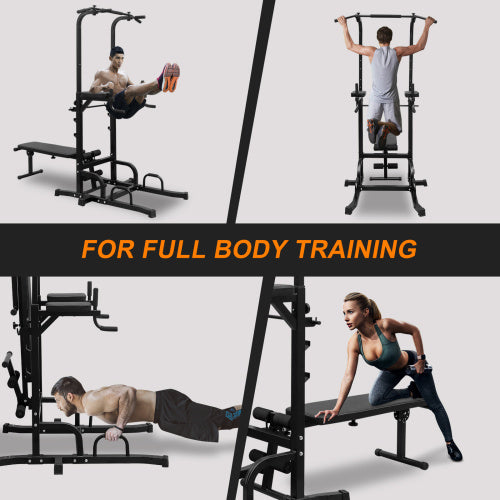 Multi-function workout tower with detachable bench for office or home exercise.