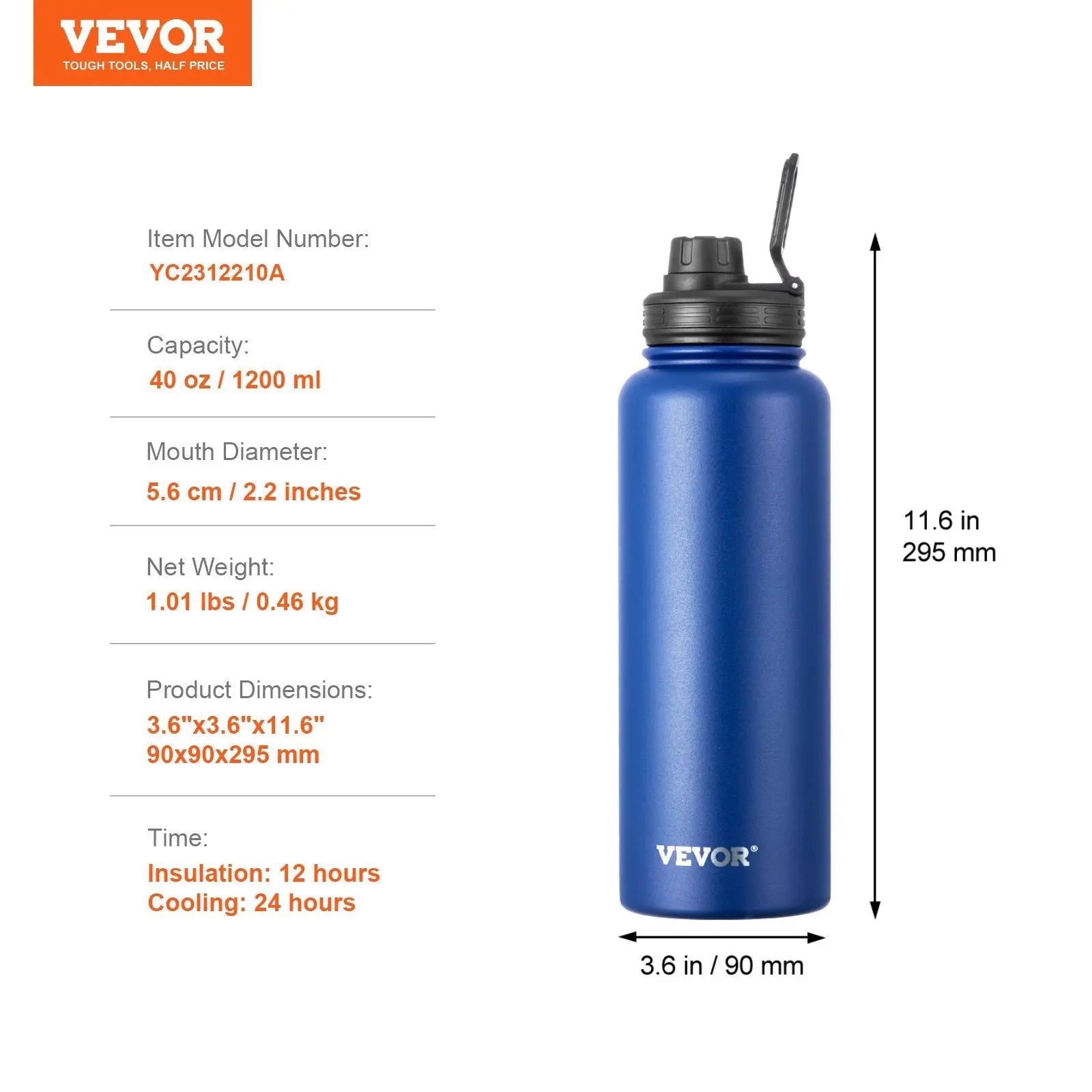 40 Oz Insulated Water Bottle Stainless Steel With Wide Mouth Lid Blue Danny's Store