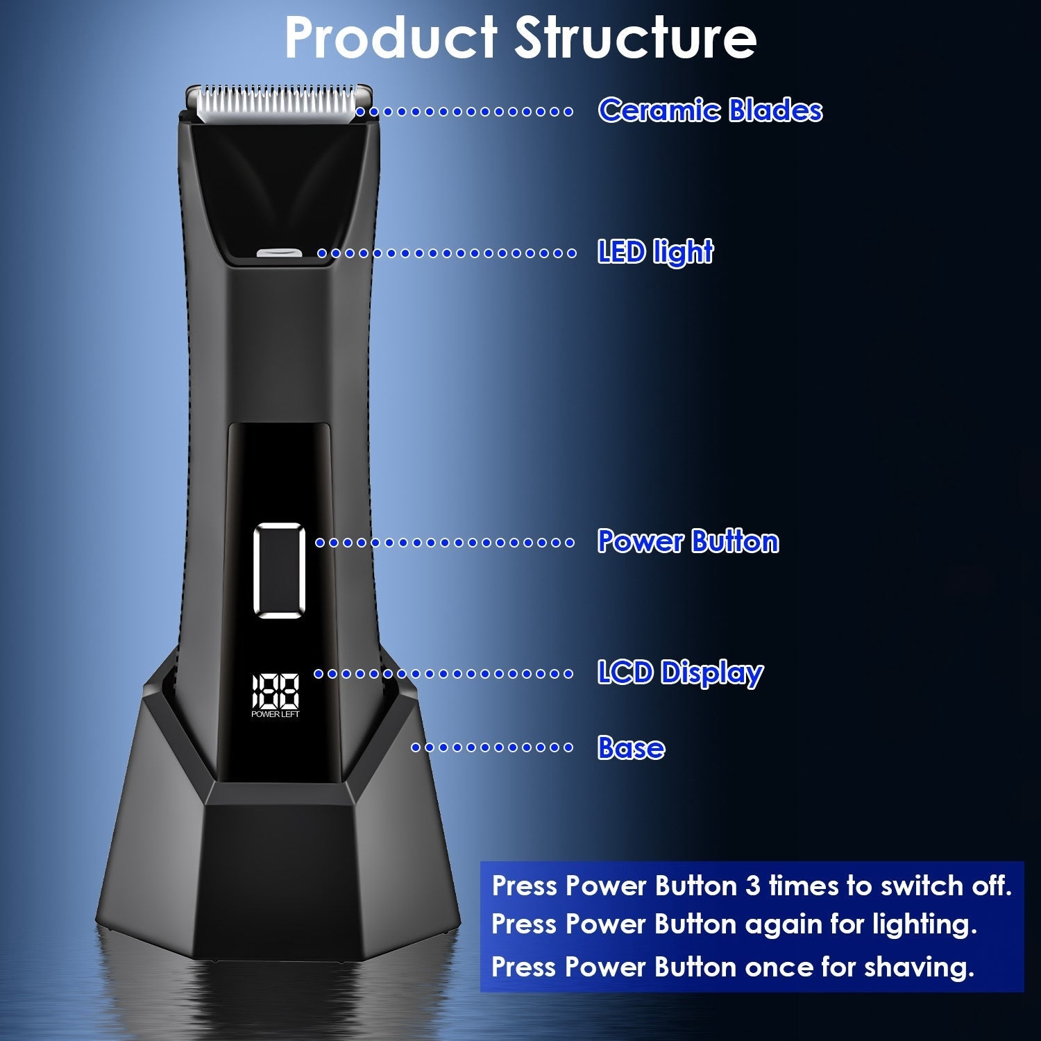 1Pc 2 In 1 Electric Body Trimmer For Men Cordless Beard Groin Ball Pubic Hair Shaver IPX7 Waterproof Razor With LED Light LCD Display Guard Comb Shaving Head Danny's Store