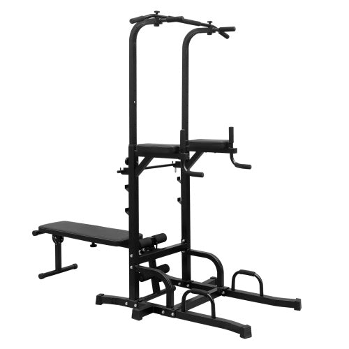 Heavy duty power tower dip station with bench and pull-up bar for home gym workouts.