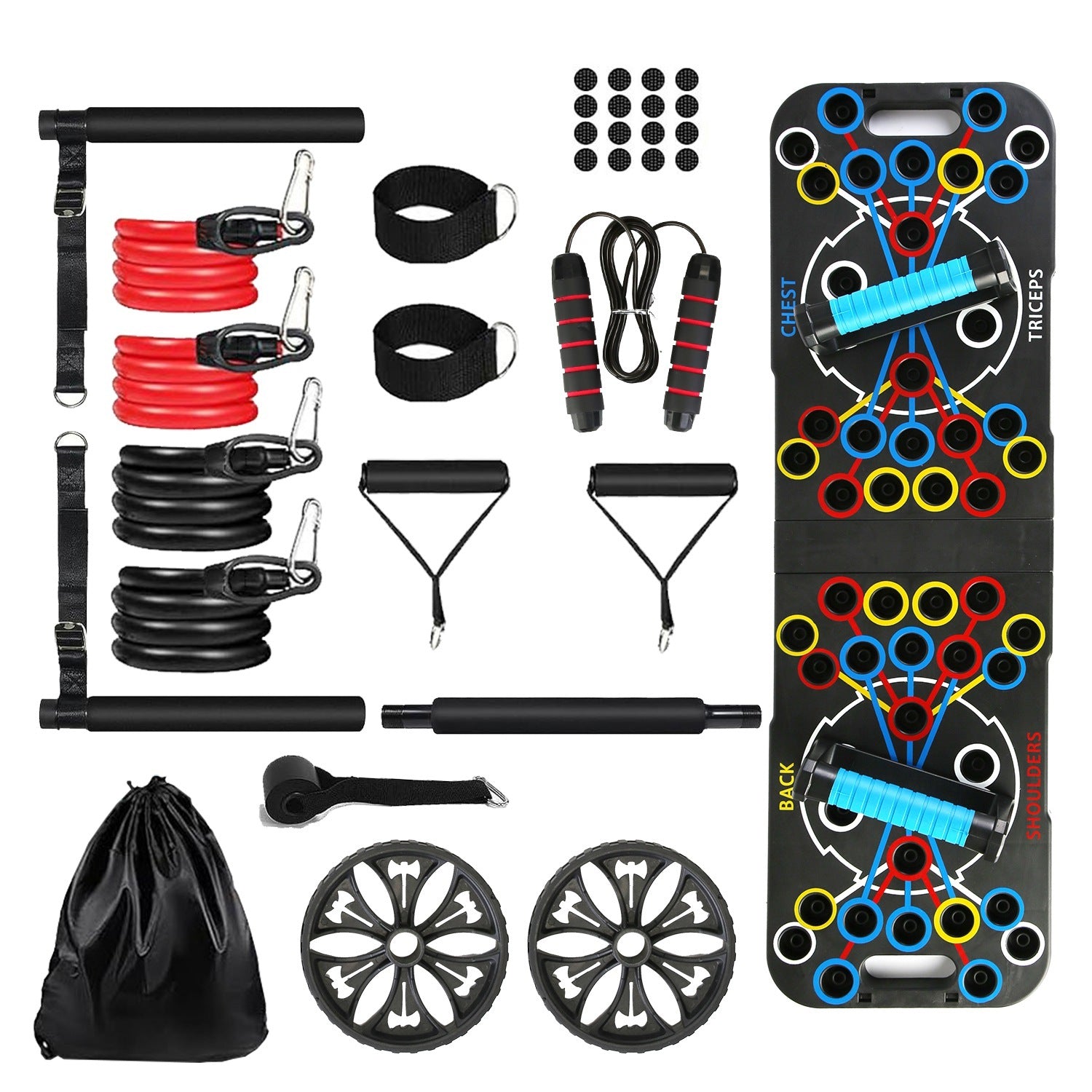 Strength training push up board with pilates bar and fitness accessories.