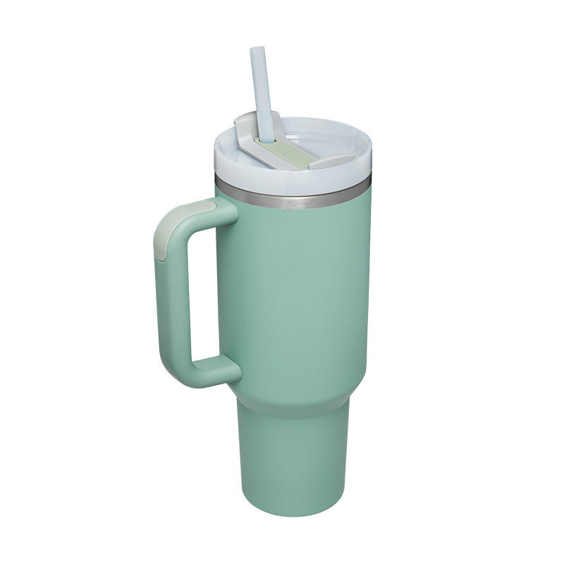 Stainless steel water bottle style tumbler with lid and straw