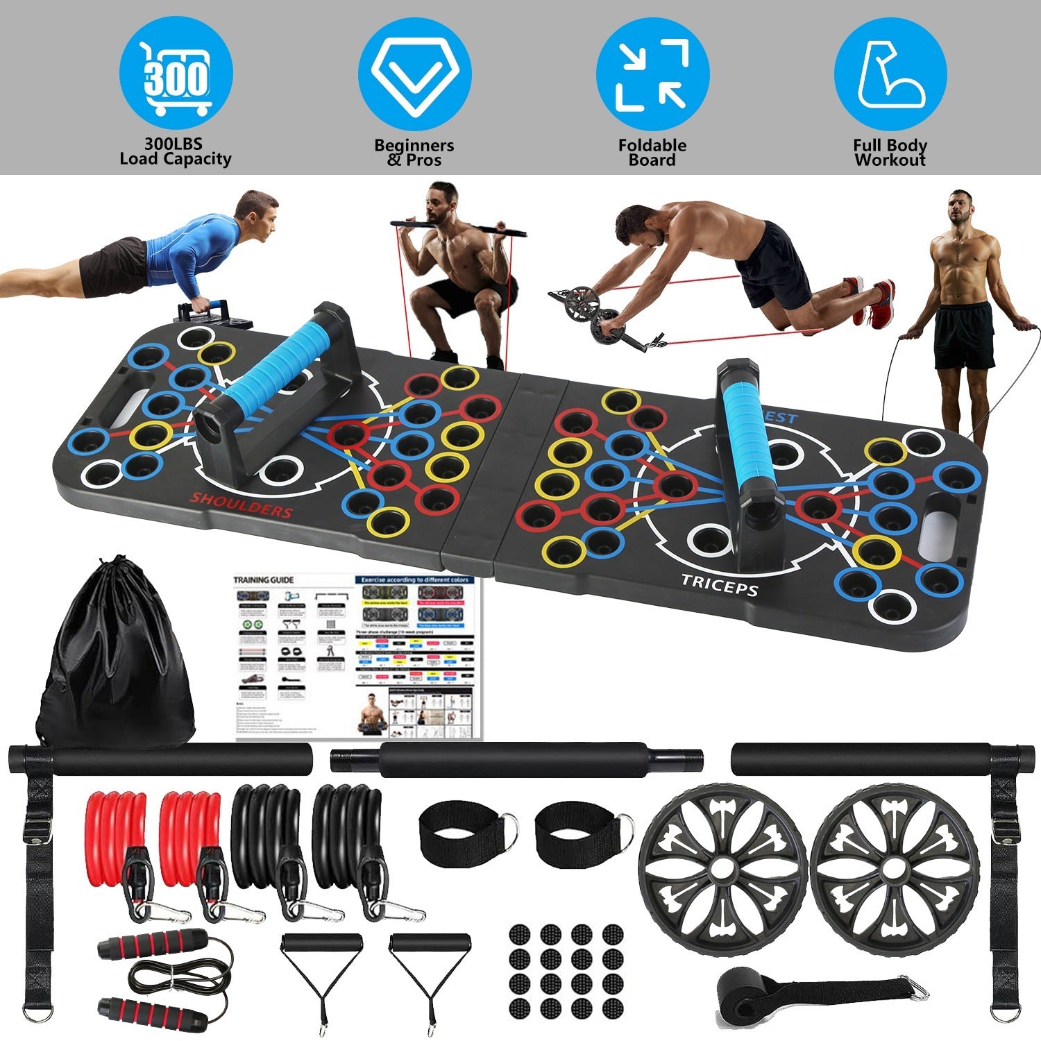 Multifunctional push up board with resistance bands for home workouts.