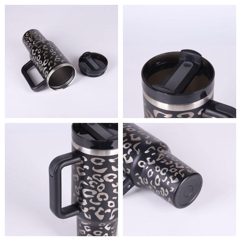 40 oz spill proof mug with lid, handle, and strawDouble wall vacuum sealed tumbler for hot and cold beverages