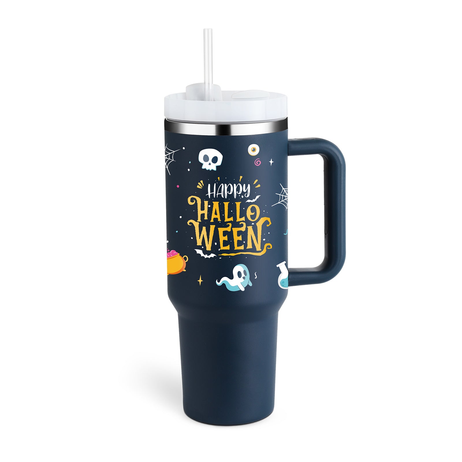 Reusable insulated coffee tumbler with ergonomic handle