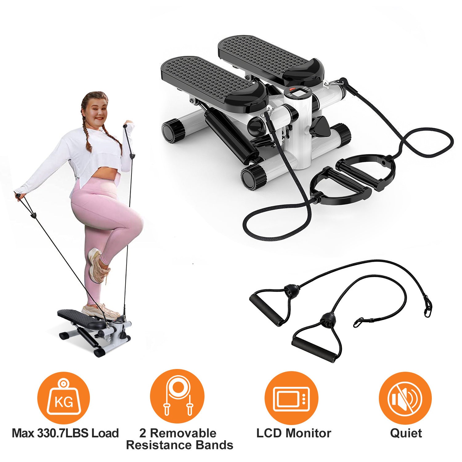Mini stepper with resistance bands for full body home workout.