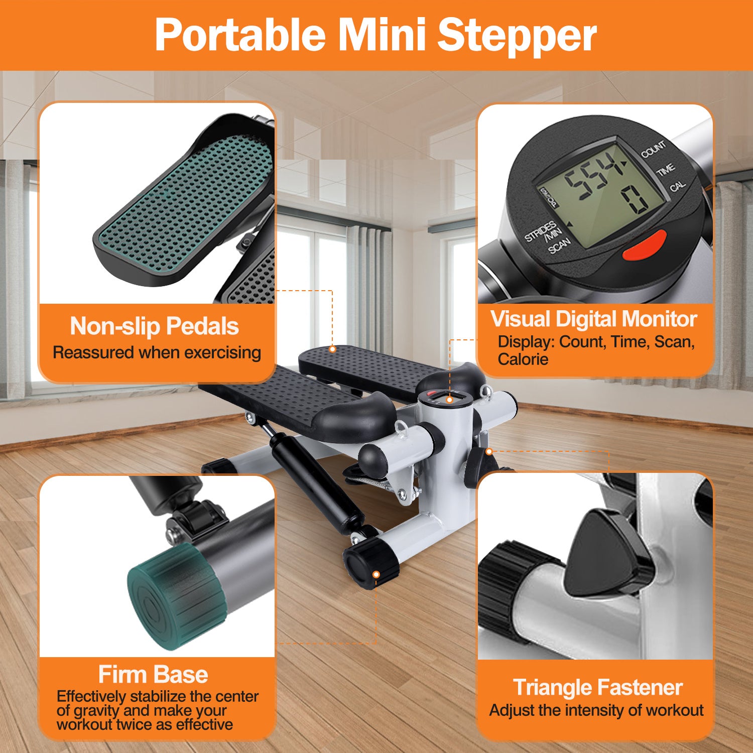 Lightweight portable stepper with adjustable resistance knob.