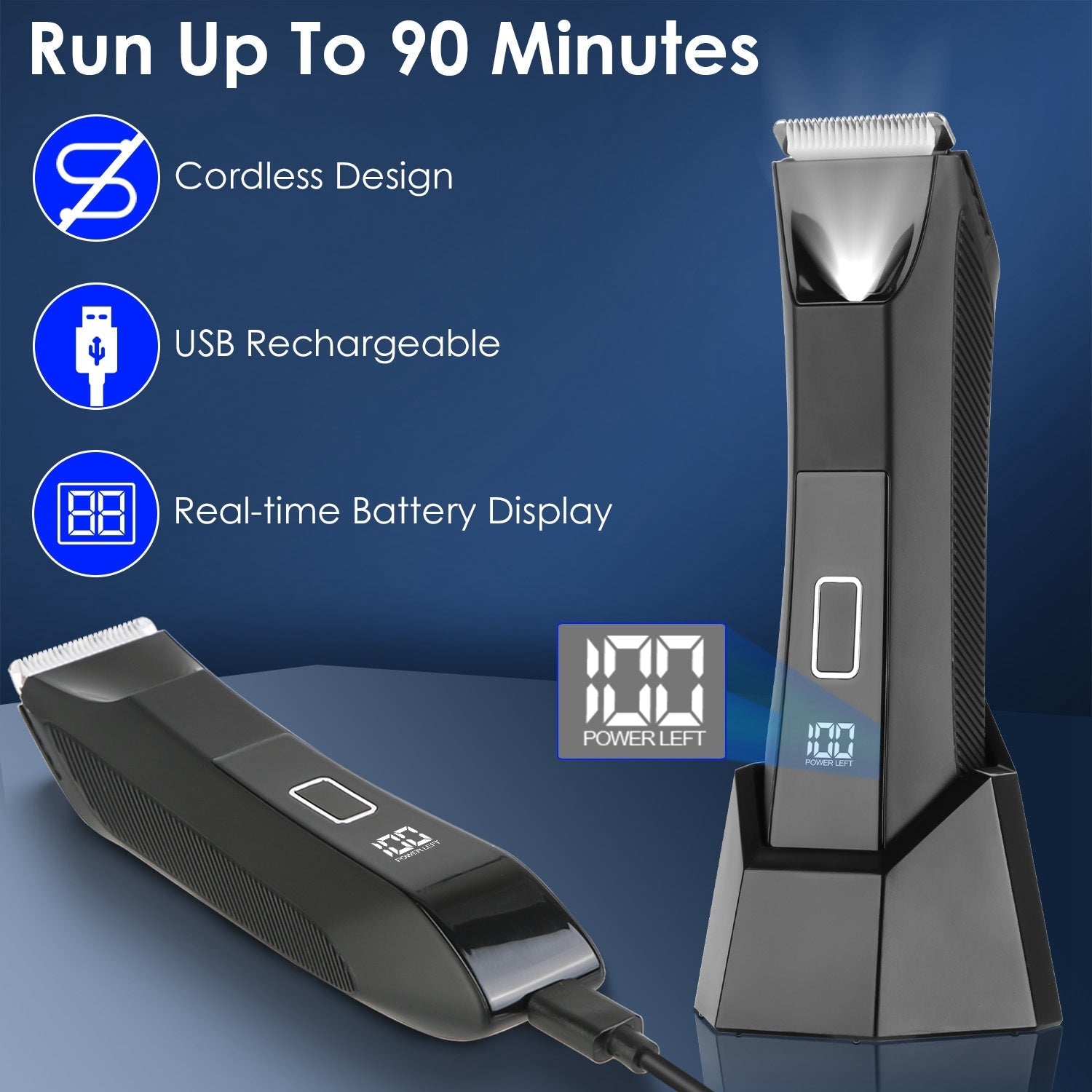 1Pc 2 In 1 Electric Body Trimmer For Men Cordless Beard Groin Ball Pubic Hair Shaver IPX7 Waterproof Razor With LED Light LCD Display Guard Comb Shaving Head Danny's Store