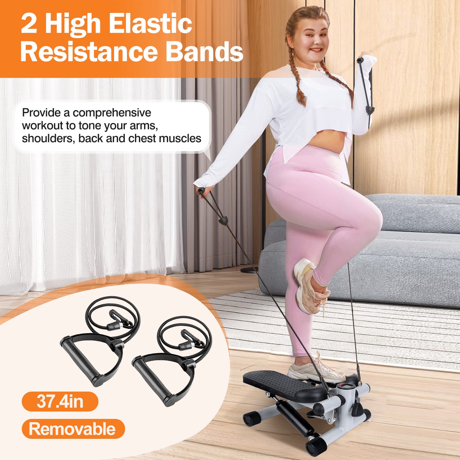 Mini stepper workout equipment with removable resistance bands.