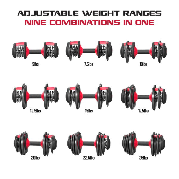 Smartbell 2-Pack, Two 25Lbs. Quick-Select 9 in 1 Adjustable Dumbbell for Home Gym, 5-25Lbs. Weight in 2.5Lbs Increments - Image 2