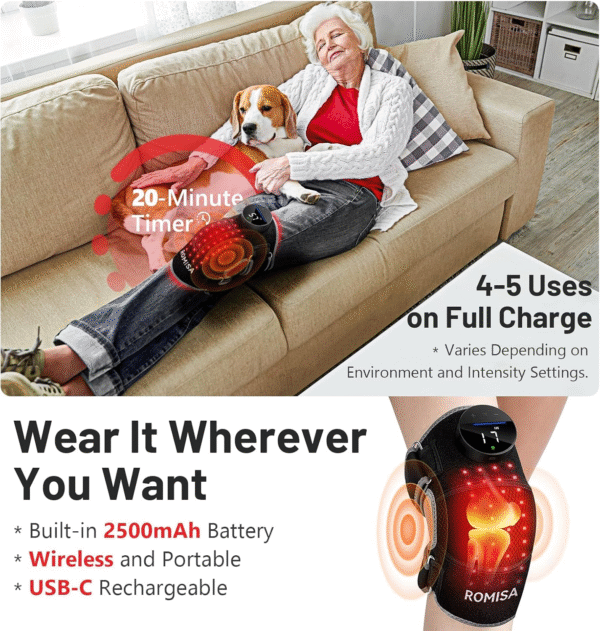 Red Light Therapy Knee Brace&Vibration Knee Massage for Pain Relief, 660Nm&850Nm Rechargeable near Infrared Light Therapy Device for Knee/Elbow/Shoulder Faster Recovery for Cordless Use - Image 7